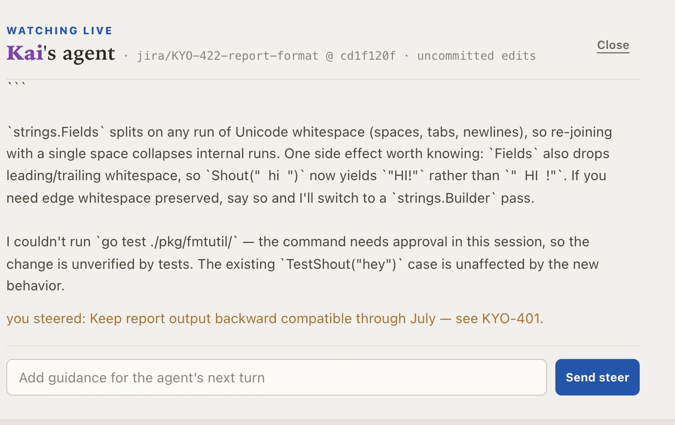 A live agent thread with its transcript, a line reading “you steered: keep report output backward compatible through July”, and a box to add guidance for the agent's next turn.