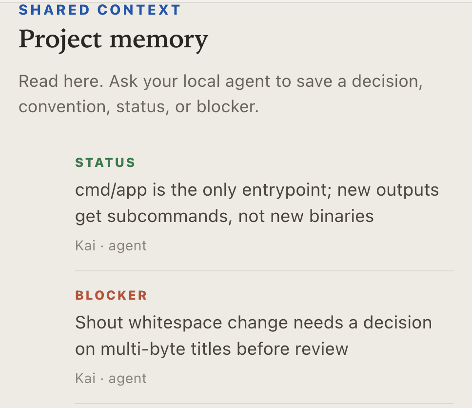 The project memory rail listing a status and a blocker fact, each attributed to the member whose agent recorded it.